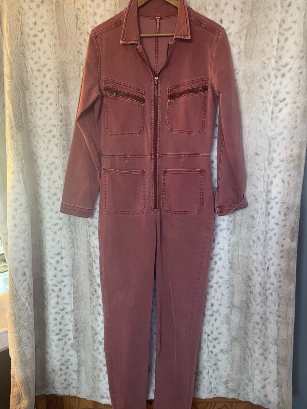 Free People We The Free Utility Jumpsuit Large Mauve Rose Cargo Coverall